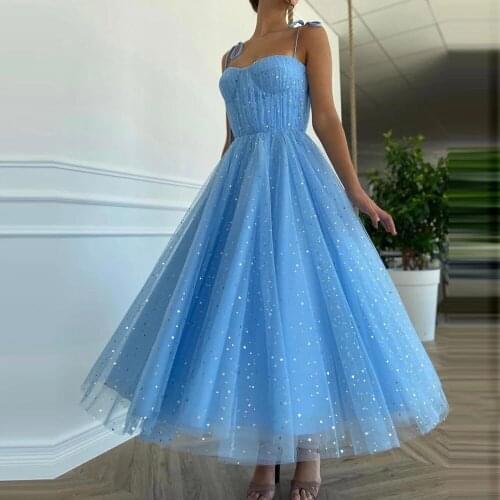 Pleated Tea-Length A-Line Formal Party Gowns Fairy Blue Princess Prom Dresses Sparkly Starry Tulle Strapless Short Prom Gowns