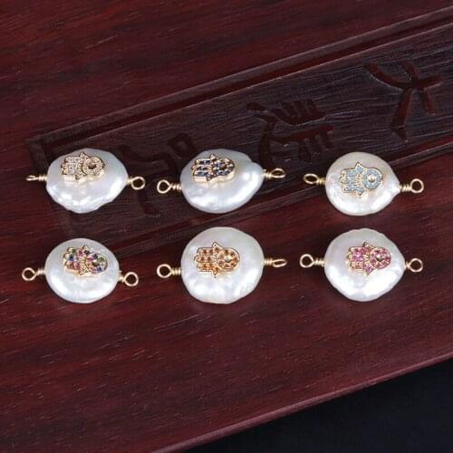 Multi colors cz gold fatima hand hamsa luck charm freshwater pearl wire wrapped buckles connector bead charm for jewelry DIY