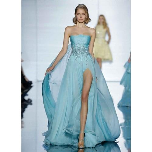 Sexy Long Beaded Chiffon 2018 Vestido de festa longo Strapless Side Slit Crystal Formal Party prom Gown bridesmaid dresses