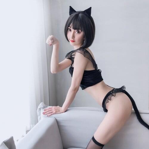 Deep V Sexy Lingerie Cute Cat Girl Uniform Split Tight Velvet Suit Kitty Cosplay Costumes French Maid Roleplay Exotic Costumes