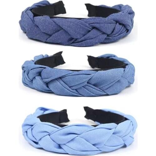 Handmade Denim Weave Braided Wide Headband Ethnic Women Girl Thicken Blue Hair Hoop Hair Accessories