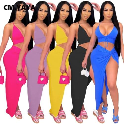 CM.YAYA Women Sexy Beach Two 2 Piece Set Outfits Tie Up Crop Tops and High Split Irregular Maxi Skirts Matcing Set Tracksuit