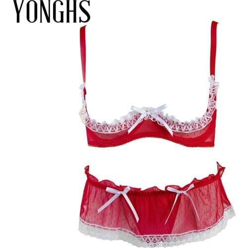 Sexy Hot Erotic Lace Lingerie Set for Womens Adjustable Shoulder Strap Unlined Hot Bra with Low Waist G-string Thong Panties