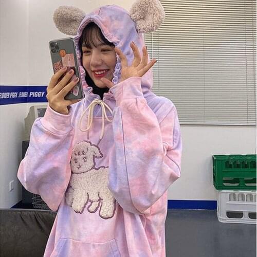 Tie-dye hoodie women y2k streetwear winter Korean vintage casual Cute embroidery long-sleeved top Harajuku Oversize outerwear