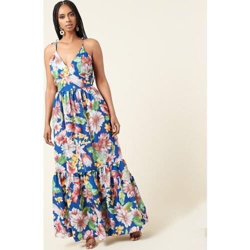 Floral Printed Vintage Bohemian Pleated Dress Women Fashion Spaghetti Strap Backless Beach Dress Sexy V Neck Holiday Vestidos