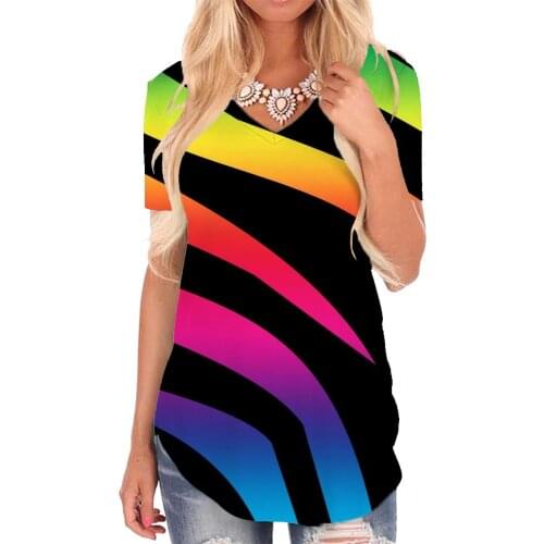 Giyu Brand Zebra T-shirt women Stripe Tshirts Printed Colorful Funny T shirts Rainbow V-neck Tshirt Womens Clothing Summer Loose