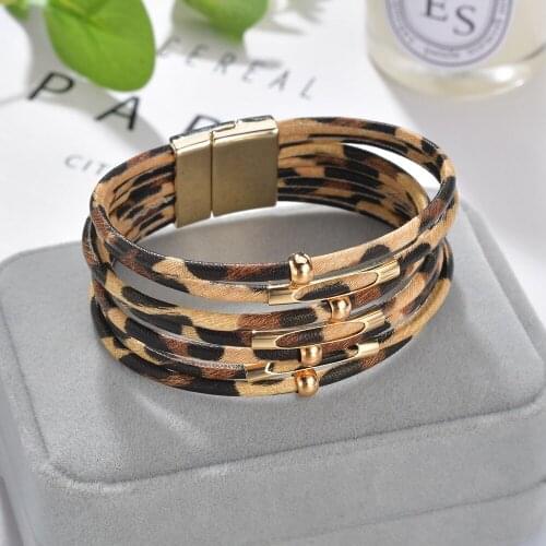 Stainless steel Leopard Leather Bracelets For Women Fashion Bracelets & Bangles Elegant Multilayer Wide Wrap Bracelet Jewelry
