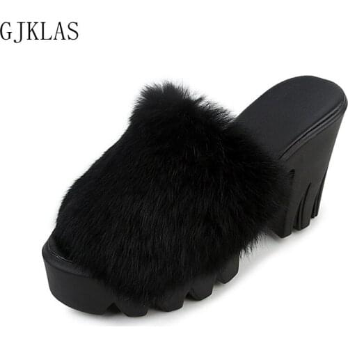 Platforms High Heels Women Fluffy Slippers Comfy Shoes for Women Block Heels Furry Indoor Slippers Ladies Shoes and Sandals
