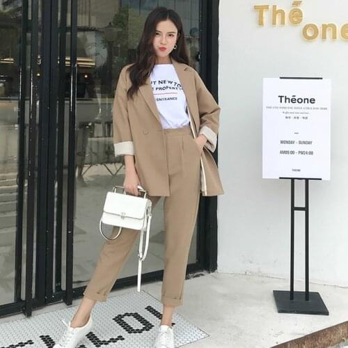 2019 Autumn Khaki Two-piece Sets Casual Solid Women Pant Suits Notched Collar Blazer Jacket & Pencil Pant Khaki Female Suit R287