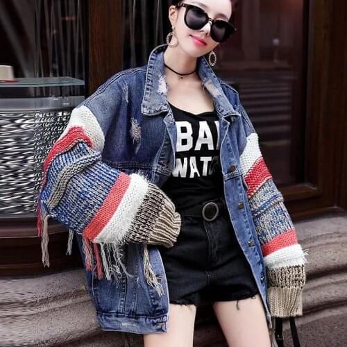 2021 Women Spring Autumn Knit Sweater Stitching Cardigan Denim Jacket Female Korean Loose Student Ripped Denim Coat Top Trend110