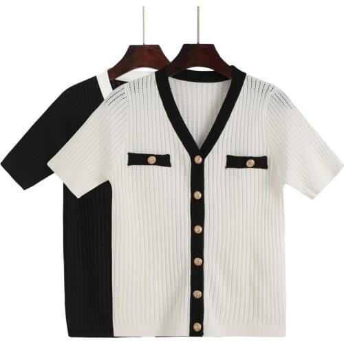 Women Knitted Crop Cardigan White Balck Patchwork Chic Single Breasted Sweaters 2021 Autumn Korean Girly Sweety Soft Crop Tops