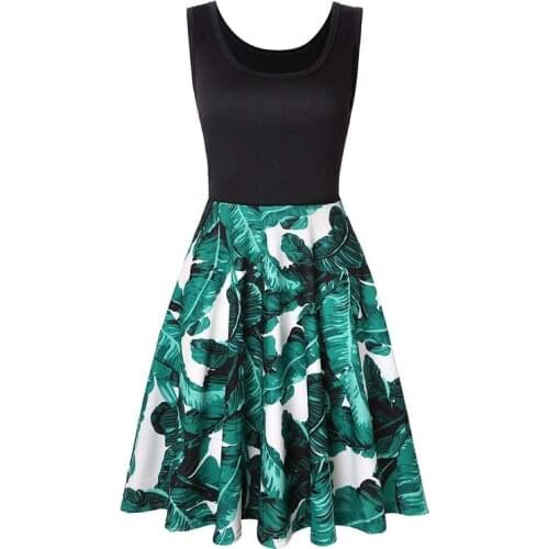 Summer Women Retro Sleeveless O Neck Green Banana Leaves Patchwork Fit And Flare Slim Long Dresses Femme