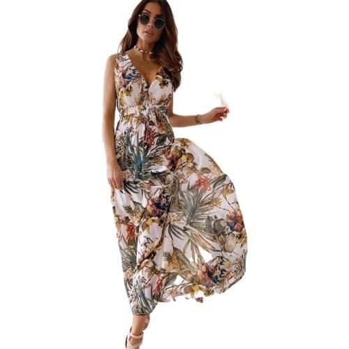 Summer Vest Dress Women Clothes Print Sleeveless V-neck Big Swing Elegant Party Dress Casual Loose Beach Maxi Dress Robe Femme