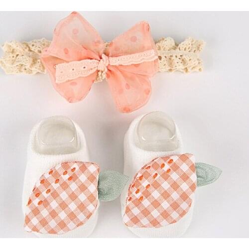 2Pcs/Set Dot Bowknot Lace Baby Headband Sock Set Cartoon Fruit Kid Toddler Floor Sock Soft Elastic Newborn Girl Hair Band