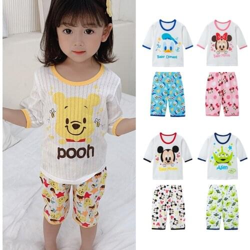 2021 Disney Childrens Cotton Short-sleeved Pajamas Set Mickey Baby Summer Pajamas Snow White Girl Home Service Kid Pajama Set