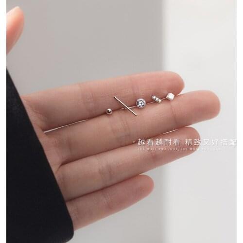 5pcs Real. 925 Sterling Silver fine jewelry Straight Bar /Square /Ball /Solitare CZ Zircona AAA+ Piercing ear Stud earrings Set
