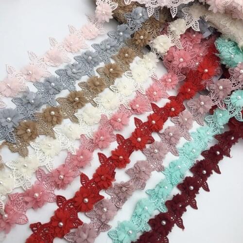 6CM Handmade beaded 3D Flower Pearl Rose Chiffe Lace Trim Ribbon Wedding Applique DIY Sewing Craft