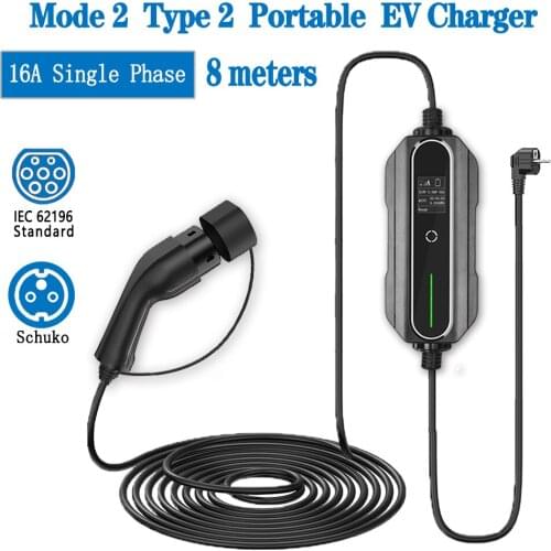 8 Meters 240V Long Cable EV Car Battery Charger Home Use Mobile Portable EVSE Wallbox Electrical Vehicle Memory Function EU Plug