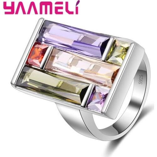Big Rectangle Unique Design Color Mixed Cubic Zircon Fashion Luxury 925 Sterling Silver Rings For Women Party Engagement
