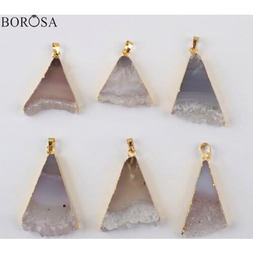 BOROSA 5Pcs New Triangle Natural Agates Druzy Charms for Women 18'' Gold Natural Stripe Druzy Pendant Necklace Jewelry G1961