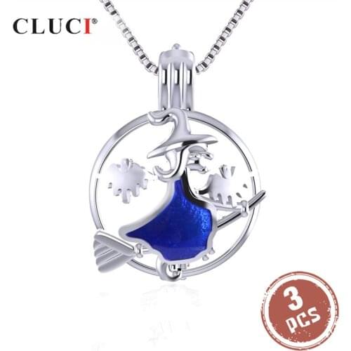 CLUCI 3pcs Silver 925 Pendant for Women Halloween Round Flying Witch Shaped 925 Sterling Silver Pendant Pearl Locket SC321SB