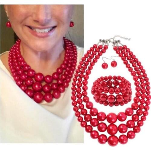 DiLiCa Fashion Imitation Pearl Jewelry Sets for Women Layered Big Beads Statement Choker Necklace Earrings Bracelets Set Jewelry