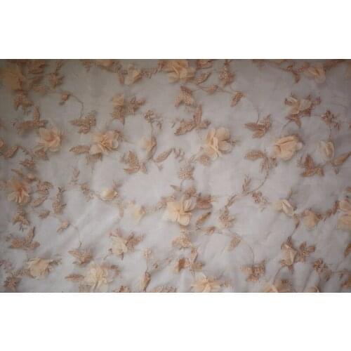 1 yard champagne 3D flowers lace fabric mesh embroidered lace fabric with 3D florals, bridal lace fabric