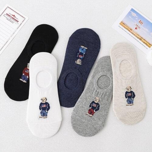 5 Pairs of 5 Colors Summer New Cartoon Bear Thin Cotton Mens Invisible Light Breathable Sweat-absorbent Boat Socks Personality