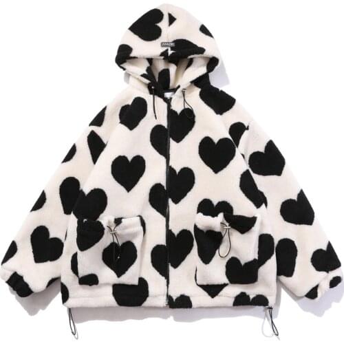 Cute Heart-shaped Lambswool Winter Jacket Men Women Drawstring Pockets Zipper Hooded Streetwear Warm Soft Plush Coat Couple New