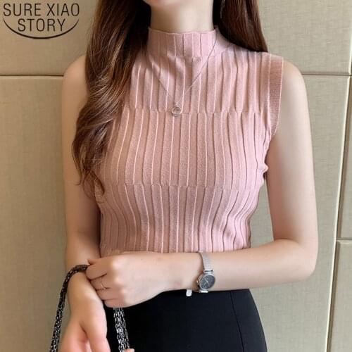 2021 Autumn New Sleeveless Knit Sweater Women Pullover Solid Slim Thin Half High Neck Elegant Casual Shirt Tops Blusas 15663