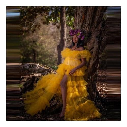 Charming Yellow Pregnancy Photo Shoot Dresses Boat Neck Strapless Tiered Front Slit Floor Length Ruffles Long Tulle Maternit