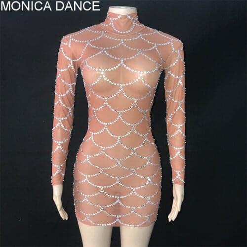 Sexy Stage Silver Rhinestone Brown Mesh Transparent Dress Dance Performance Fashion Show Costume Wedding Birthday Evening Dress