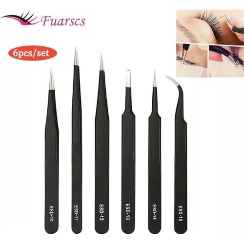 6pcs Eyelash Tweezer Black Stainless Steel Point Slant Flat Tip Eyelash Extension Removal Tools Eye Eyelash Clips Makeup Set