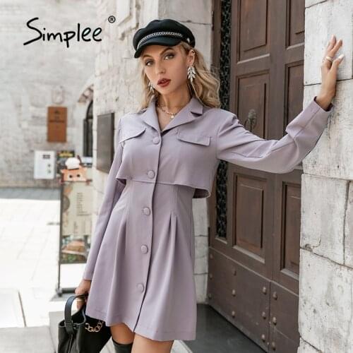 Simplee Office lady retro v-neck A-line women dress purple Elegant buttons long sleeves mini dress Female solid notched vestidos
