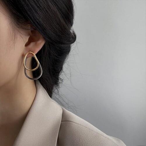 Simple Chic Geometric Gold Silver Color Double layer Metal Irregular Round Stud Earrings for Women Girls Jewelry Party Gifts