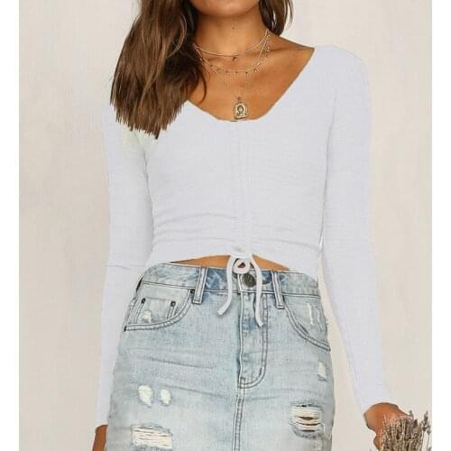 Sexy Woman T-shirs Fashion Sweater Womens Long-sleeved Striped Lady Crop T-shirt Bottoming Black Top Casual Deeo V-neck