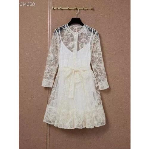 Runway Luxury Mesh Embroidery Mini Dress 2021 Summer Women Long Sleeve Belt A-Line Cute Party Hot Sale Dress