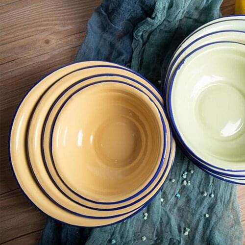 Yellow Green Durable Vintage Enamel Multifunctional Soup Plate Bowl for Kitchen Tableware Bowls