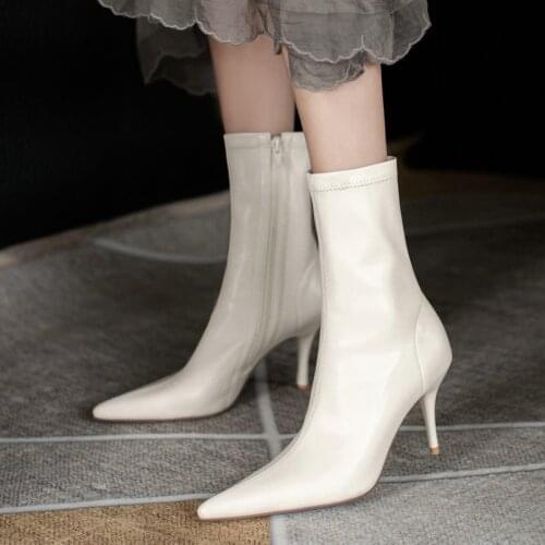 Women Spring Autumn Fashion Ladies Western Boots Sexy Thin High Heel Ankle Boots Female Side Zipper Elastic Short Boots