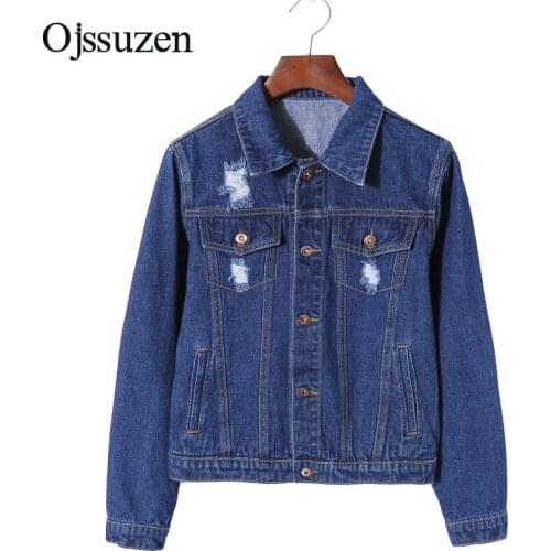 Dark Blue Jackets Womens Jeans Spring Coats Classic Frayed Hole Ripped Womans Denim Jackets Short Female Coat Preppy Casual
