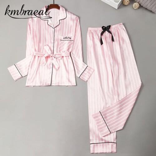 Womens Pajamas Spring and Summer Ice Silk Stripes Cardigan Pajamas Lady Long Suit Emulation Silk Leisurewear 2 Piece Home Suit