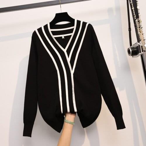 4XL plus size women autumn winter thick sweater pullover 2021 long sleeve v neck Stripe kintting Oversized sweaters jumper