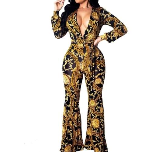 Womens Deep V Neck Bodysuit Long Sleeve Sexy Casual Summer Printed Jumpsuit