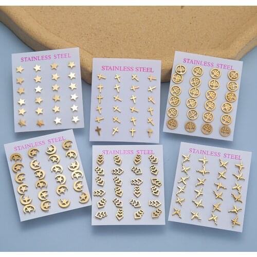 12pairs/Set Cross Star Heart Stud Earrings Set For Women Girls Stainless Steel Life Tree Jewelry Ear Stud Earrings Accessories