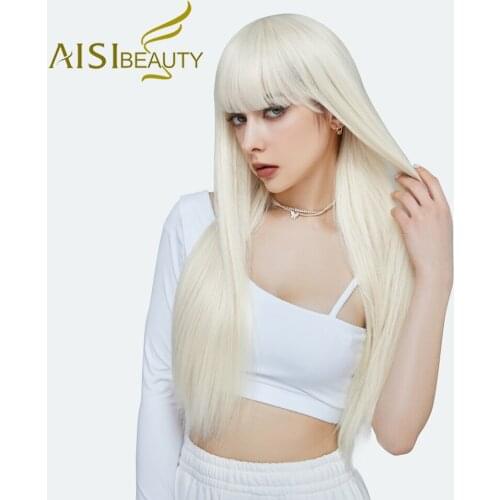 AISI BEAUTY White Synthetic Long Straight Wigs with Bangs for Women Heat Resistance Black Pink Hair Daily Festival Party Cosplay