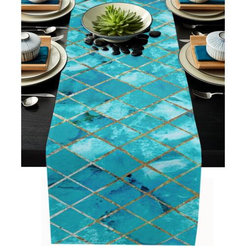 Turquoise Marble Lattice Table Runner Luxury Home Dining Table Coffee Table Holiday Wedding Decoration Party Dinner Table Runner