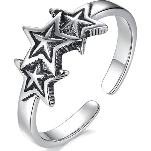Black Star Pentagram Punk Vintage Thin Adjustable Thai Silver Color Finger Ring For Women Mens Trendy Tibetan Jewelry S-R2194