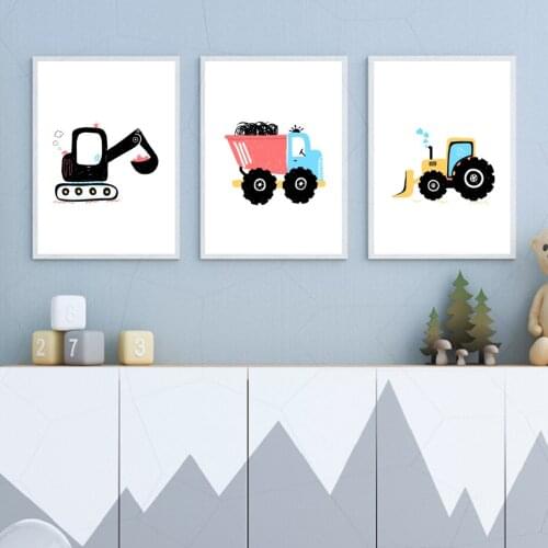 Cartoon Black Car Canvas Painting Red Yellow Blue Bulldozer Excavator Truck Printed Wall Art Home Decor for Nursery Baby Room