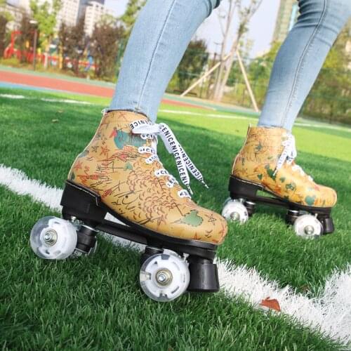 Microfiber Leather Roller Skates Printed Adult Double Line Skates Women Silver Gold Two Line Skating Shoes Flash PU 4 Wheels