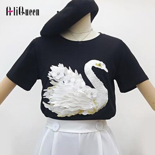 Harajuku Summer White Swan AppliquesT Shirt Three-dimensional Sequins O-Neck Women T-shirts 2019 Korean White Tops Plus Size 2XL